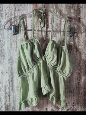 Cute Light Sage Green Ruffle-Trim Hem Cami SHEIN Tie Front Peplum Halter Top
